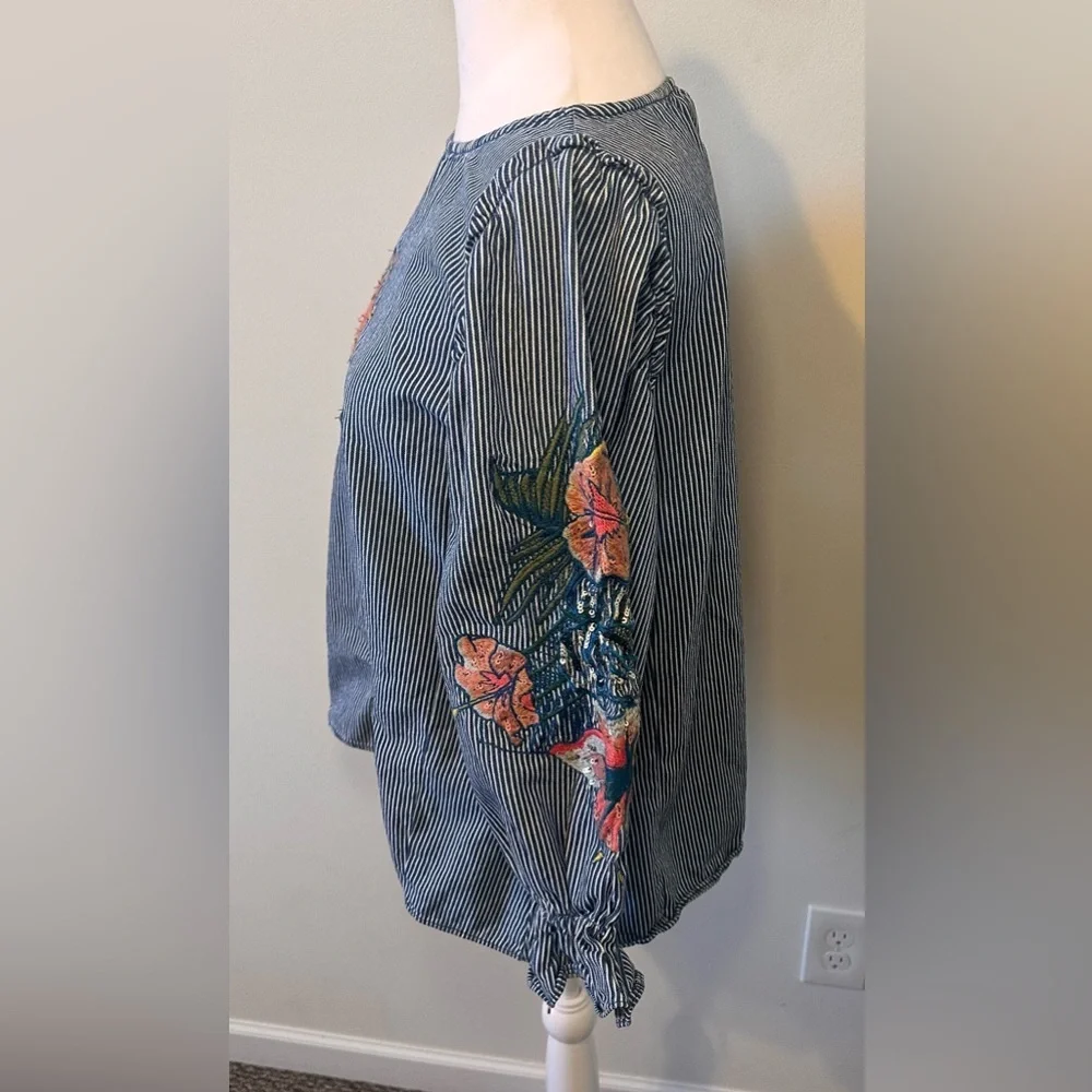 Zara Embroidered Denim Striped Balloon Sleeve Top Size Small - Picture 3 of 6